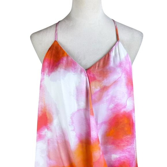 Parker Harlow Pink Orange Sunset Tie Dye Silk Blend Surplice Strappy Blouse - Picture 7 of 14